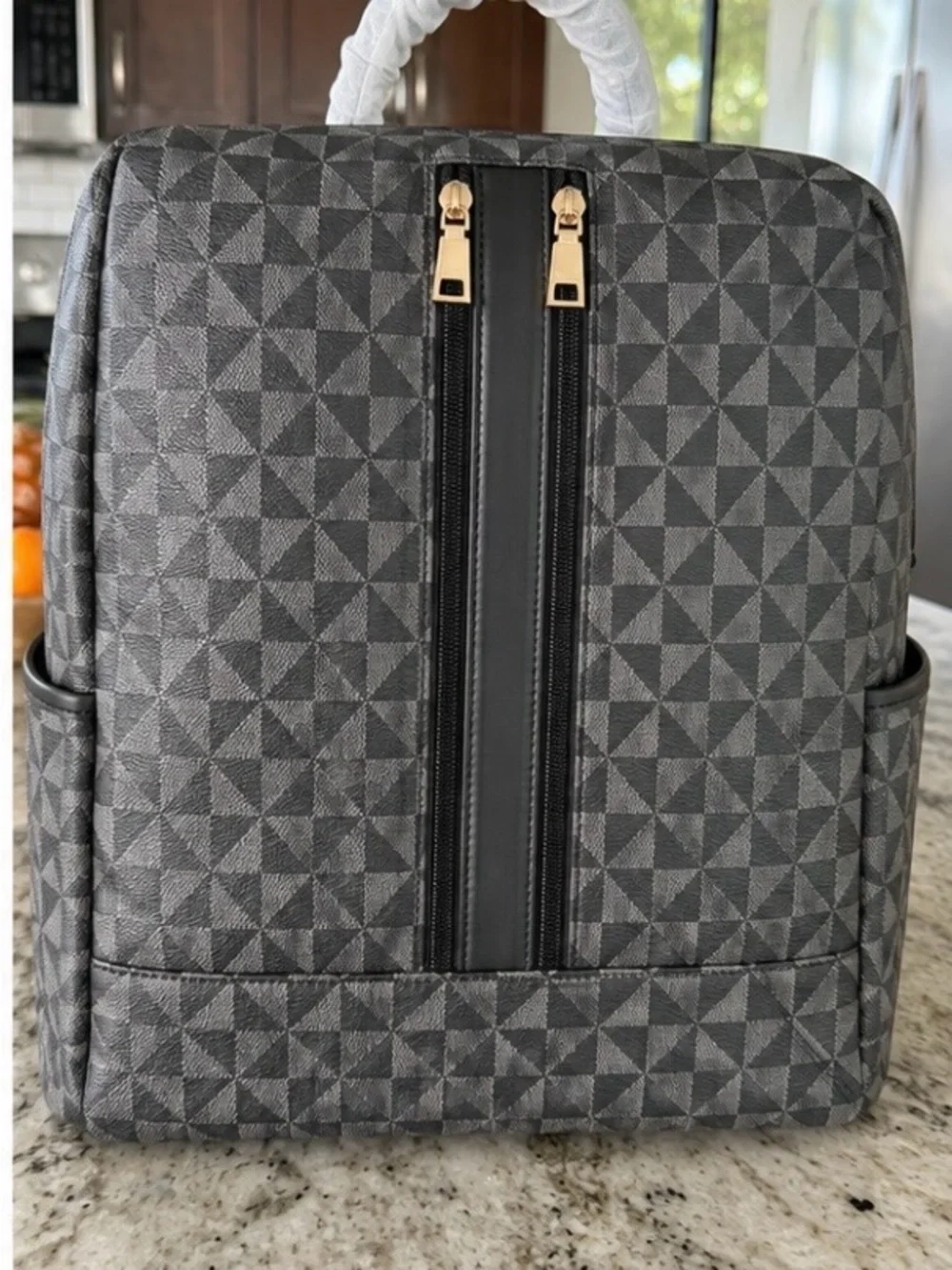 Gray Geometric Convertible Backpack Tote – Black Trim & Gold Hardware